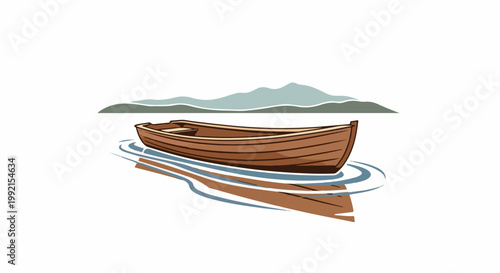 A wooden rowboat floats on calm water, with distant hills in the background