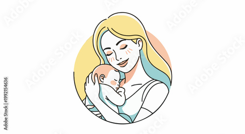 A tender illustration of a mother holding her baby closely, with closed eyes and a soft smile