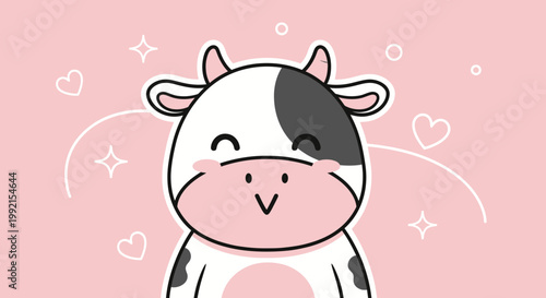 Cute cartoon cow with blush and hearts on pink background illustration