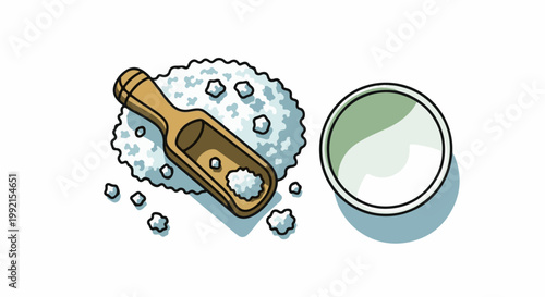 A wooden scoop rests on a pile of coarse salt beside a small bowl