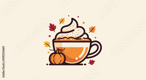 A stylized illustration of a pumpkin spice latte in a mug with whipped cream and autumn leaves