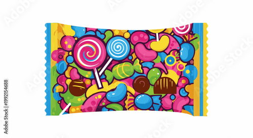 A vibrant wrapper bursts with an assortment of colorful candies and lollipops, exuding joy