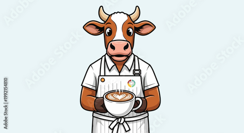 Cartoon cow holds steaming cup of coffee in apron indoors