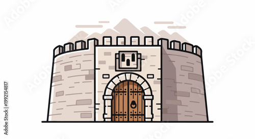 A stylized illustration of a stone castle gate with wooden doors