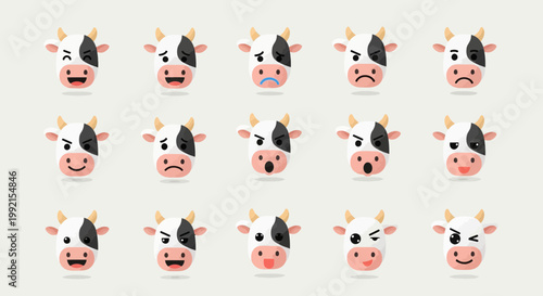 Cute cows with various Emotions display faces in a grid