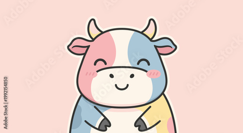 Colorful cow character smiles peacefully indoors