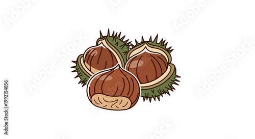 A trio of brown, glossy nuts nestled within spiky green husks, rendered in a cartoonish style