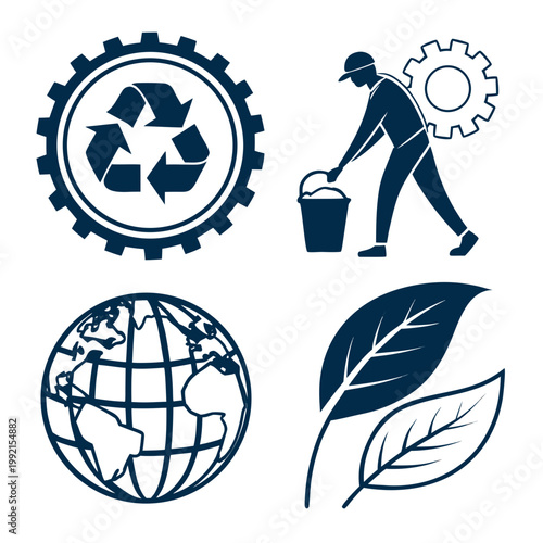 A vector graphic illustration of eco-friendly icons including recycling, a worker, the globe, and leaves.