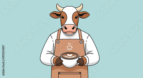 A cow in an apron holds coffee cup indoors