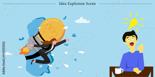 Idea Explosion Scene Flat Vector Creative Rocket Eureka Moment Innovation Illustration