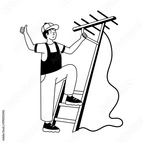 A hand drawn illustration showing a person installing antenna 
