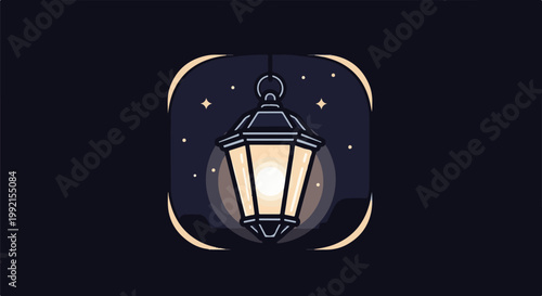 A vintage lantern glows brightly against a starry night sky with subtle landscape elements