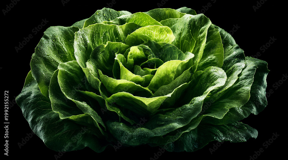Fototapeta premium A vibrant, high-resolution macro shot of fresh green lettuce leaves. The intense contrast against a solid black background highlights the intricate textures, veins, and crisp organic details.