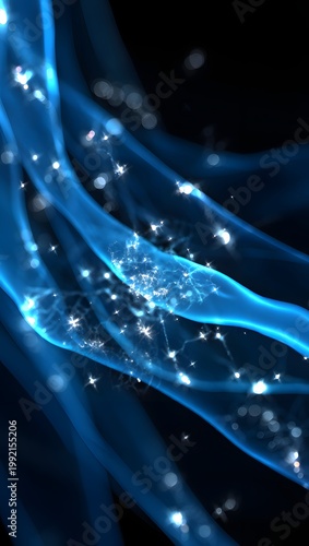 Mesmerizing abstract background features graceful, translucent blue waves of energy or light, adorned with numerous sparkling particles, flowing dynamically.