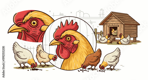 A stylized illustration of farm chickens pecking at grain near a coop