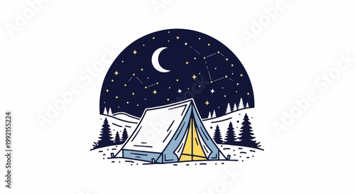 A tent under a starry night sky with a crescent moon and constellations