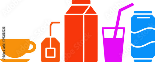 Beverage icons with various drinks including tea coffee milk juice and soda on transparent background.