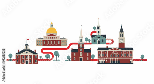 A stylized illustration of historical buildings connected by a winding red path