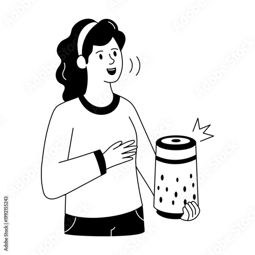 A drawing illustration showing a person holding smart speaker 

