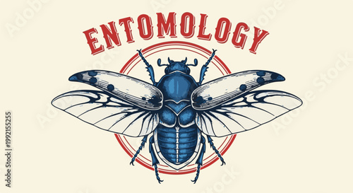 A stylized illustration of a blue beetle with spread wings on a cream background, featuring the word "ENTOMOLOGY" in red