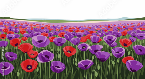 A vibrant field of red and purple poppies stretches towards a distant, pale lavender landscape under a bright sky