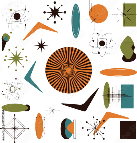Mid-Century Modern Atomic Element Set, Retro Space Age Starburst and Boomerang Vector Icons, Vintage 1950s Bauhaus Style Geometric Graphics