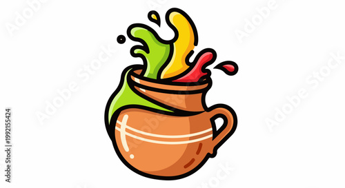A terracotta pot overflows with vibrant splashes of green, yellow, and red liquid