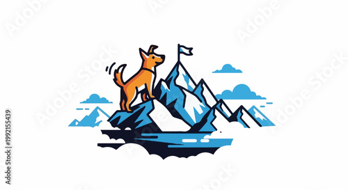 A triumphant dog stands on a snow-capped mountain peak, a flag flying nearby