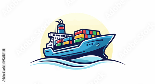 A stylized illustration of a cargo ship with colorful containers sailing on waves