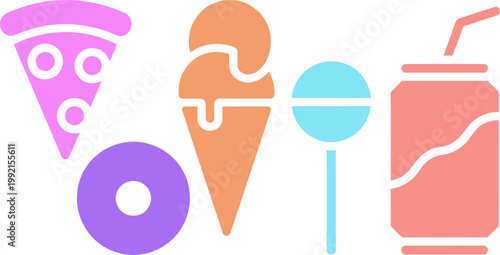 Pastel colored junk food icons with pizza donut ice cream lollipop and soda can on transparent background.