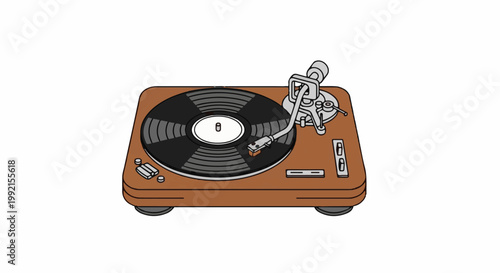 A vintage turntable with a spinning vinyl record and tonearm is depicted