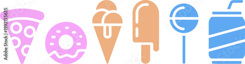 Pastel food icons pizza donut ice cream popsicle lollipop and soda can with modern graphic style.
