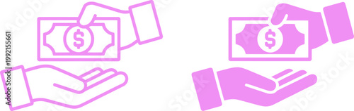 Pink icons of hand giving money and receiving money.
