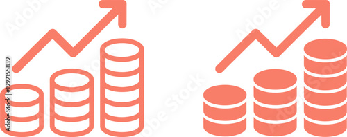 Stacked coins with upward arrow showing financial growth and increasing wealth on transparent background.
