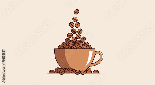 A warm brown cup overflows with roasted coffee beans, scattered around its base