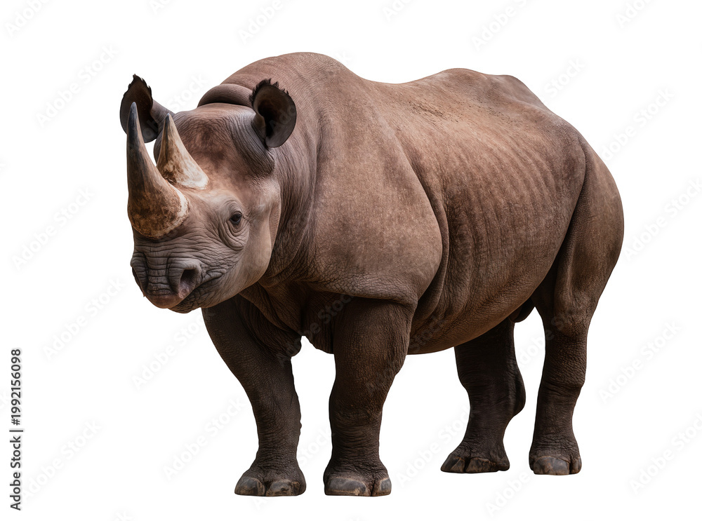Fototapeta premium Isolated powerful black rhinoceros standing gracefully with majestic horns, wild mammal.