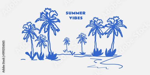 Summer vibes background in doodle stile. Hand drawn palm on black background. Vector illustration