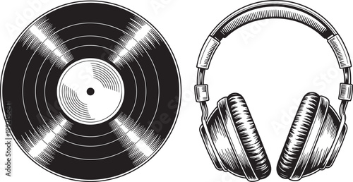 vinyl record and over-ear headphones illustration