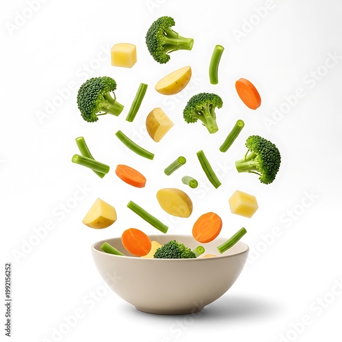 A bowl with assorted vegetables like broccoli, carrots, and potatoes floating upwards