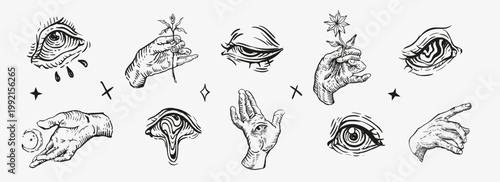 Mystical occult vector set: surreal celestial eyes, alchemy hands with moon and flowers. Vintage engraving style for esoteric, tattoo, or tarot design.