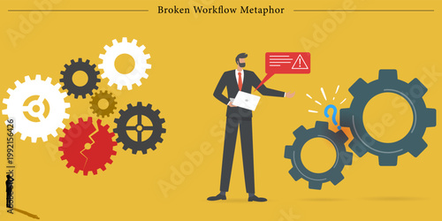 Broken Workflow Metaphor Flat Vector System Failure Technical Troubleshooting Illustration