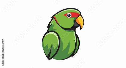 A vibrant green parrot with red markings and a yellow beak sits on a white background