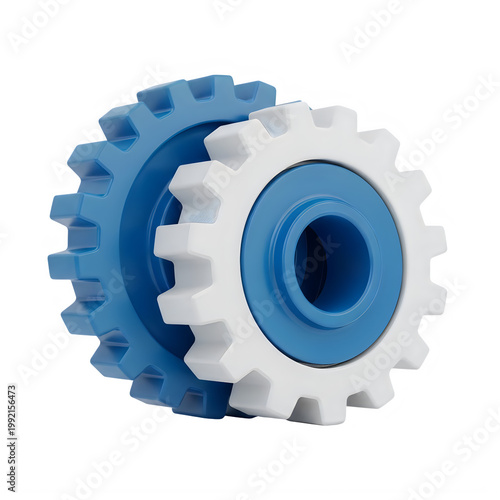 Blue and white interlocking industrial gear mechanism