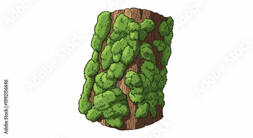 A thick, textured tree trunk covered in lush, green moss, depicted in a cartoonish style