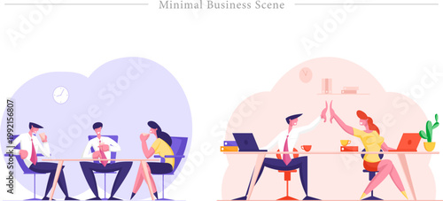 Minimal Business Scene Flat Vector Professional Deliberation Team High-Five Collaboration Illustration