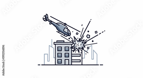 A stylized helicopter appears to attack a building in a city skyline