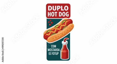 A vibrant illustration depicts a loaded hot dog with toppings, ketchup bottle, and text