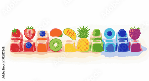 A vibrant row of colorful, fruit-topped, block-like confections arranged by color