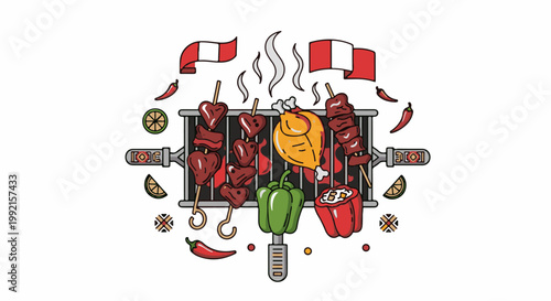 A vibrant illustration of a barbecue grill laden with skewers of heart-shaped meats, a roasted chicken leg, and colorful peppers, accented by Peruvian flags and chili peppers