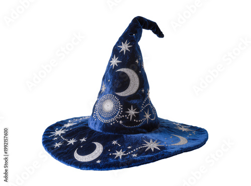 Quadro su tela Isolated blue velvet wizard hat decorated with sparkling silver moons and stars